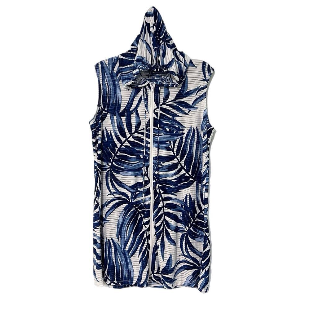 Portocruz Swim Cover Up Dress Women Large Blue White Full Zip Hawaiian Palm Tree